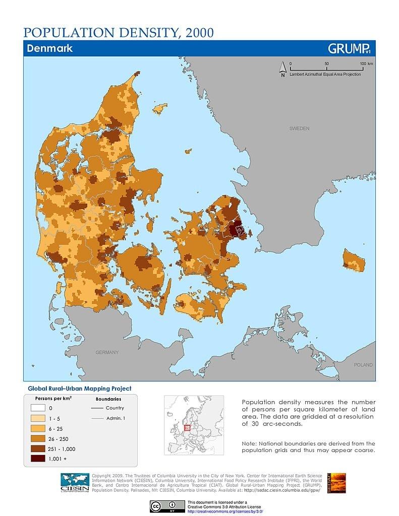 danijos gyventojų tankumo žemėlapis